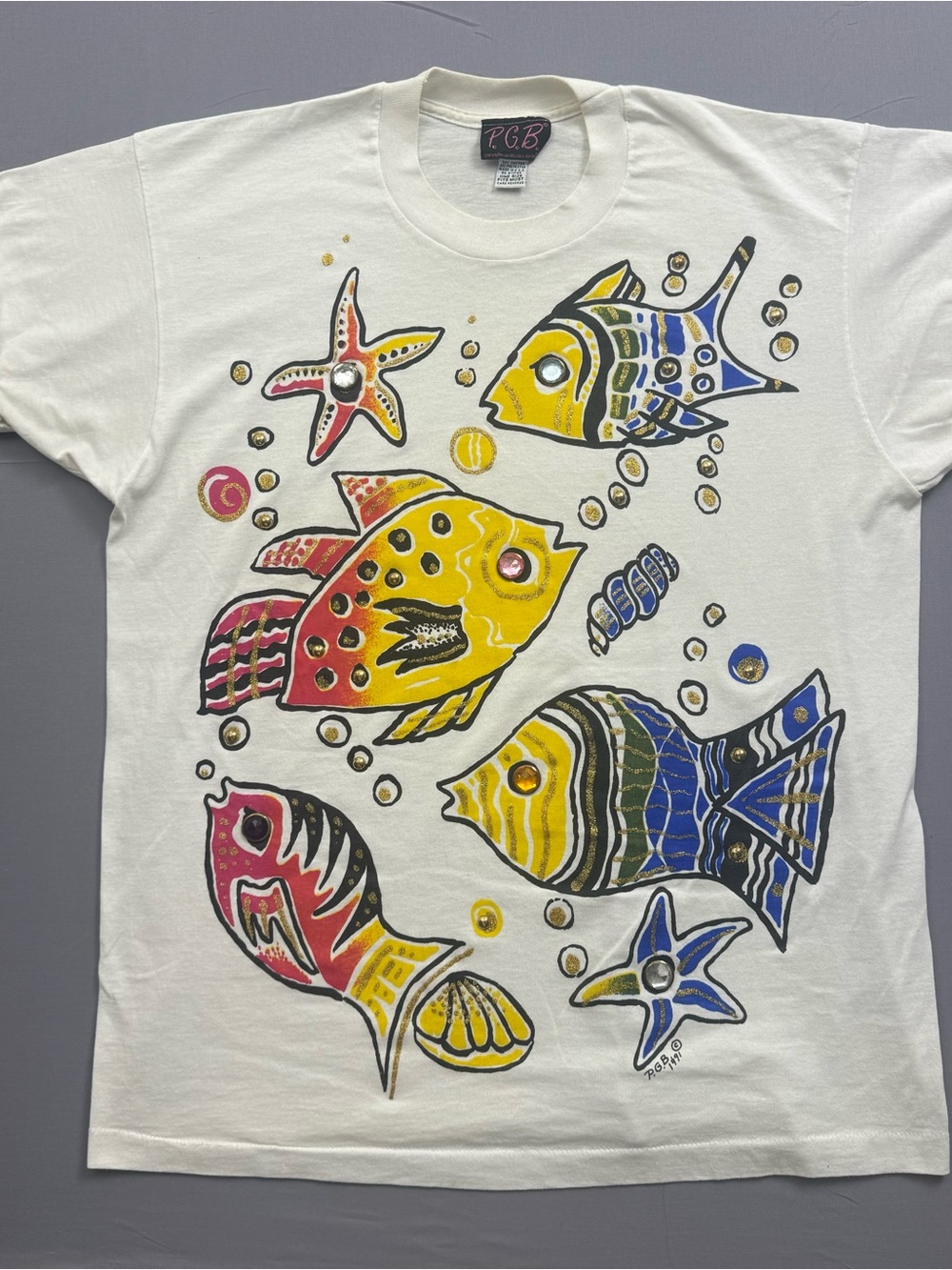 PGB Vtg 1990s White Fish Starfish Graphic Unisex T-Shirt One Size Crew Neck